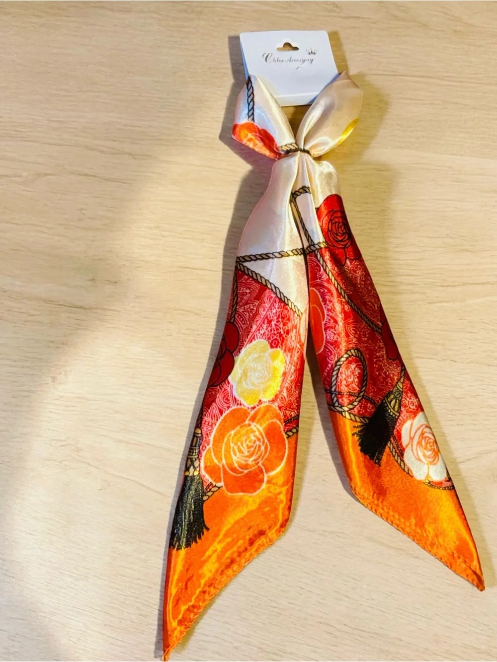 Floral Satin Skinny‎ Scarf Hair Tie in Orange & Red - Bag Scarf